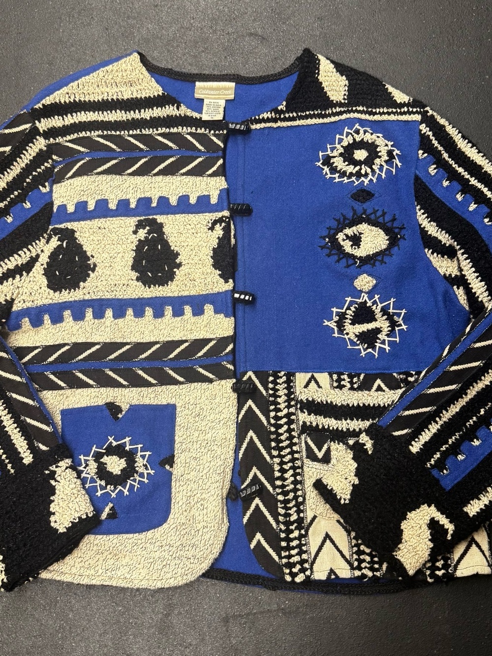Coldwater Creek BOHO Vintage Evil Eye Black Cream Patterned Knit Sweater Jacket